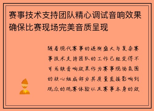 赛事技术支持团队精心调试音响效果确保比赛现场完美音质呈现 赛事技术支持团队精心调试音响效果确保比赛现场完美音质呈现